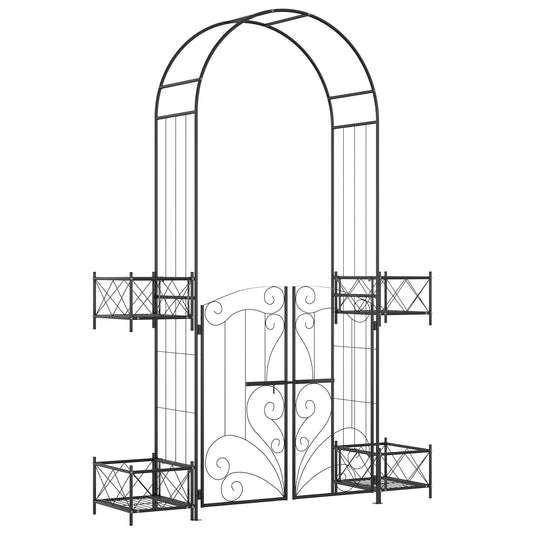 Black metal garden arch with ornate gate and planter boxes for elegant outdoor entry