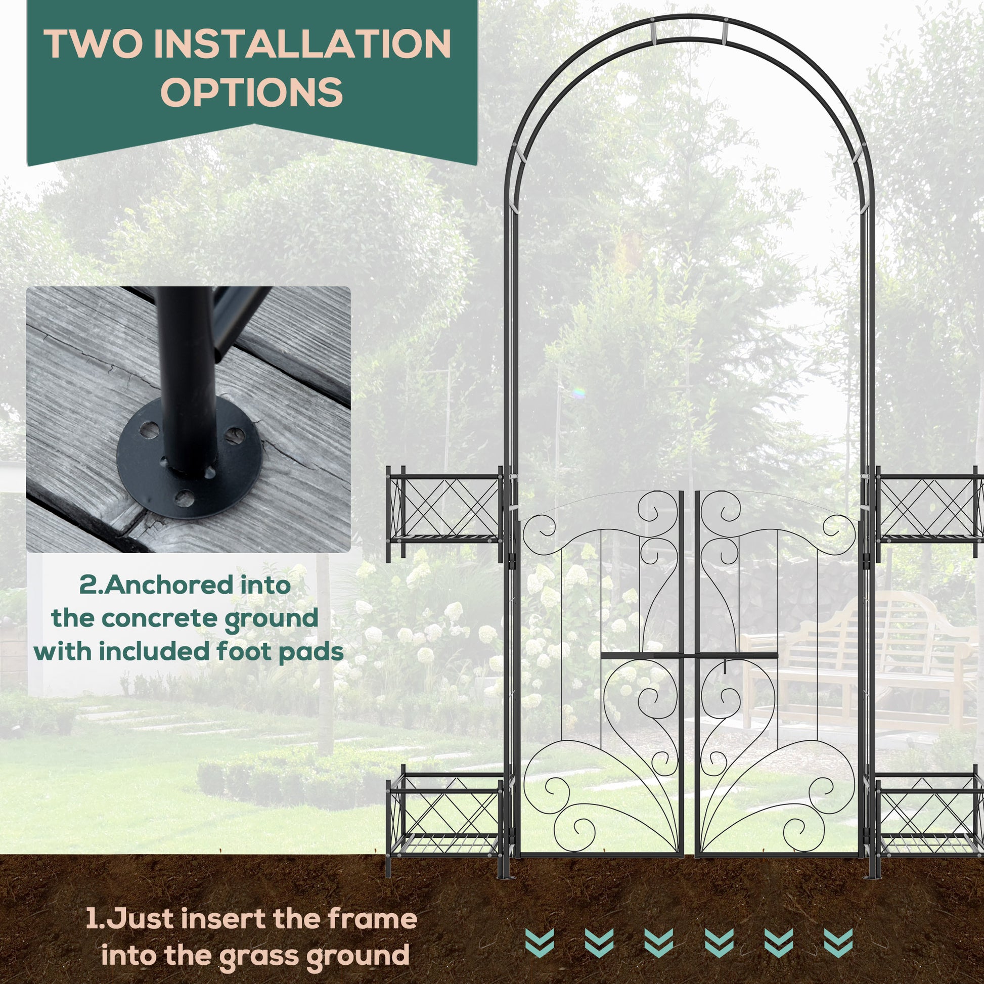 Black metal garden arch with ornate scrollwork gate and planters shown with two installation options