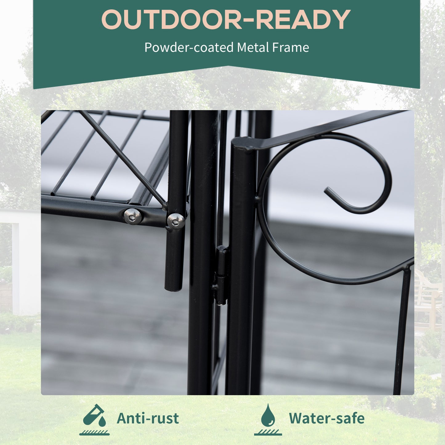 Black powdercoated metal frame with scrolled detail perfect for outdoor furniture
