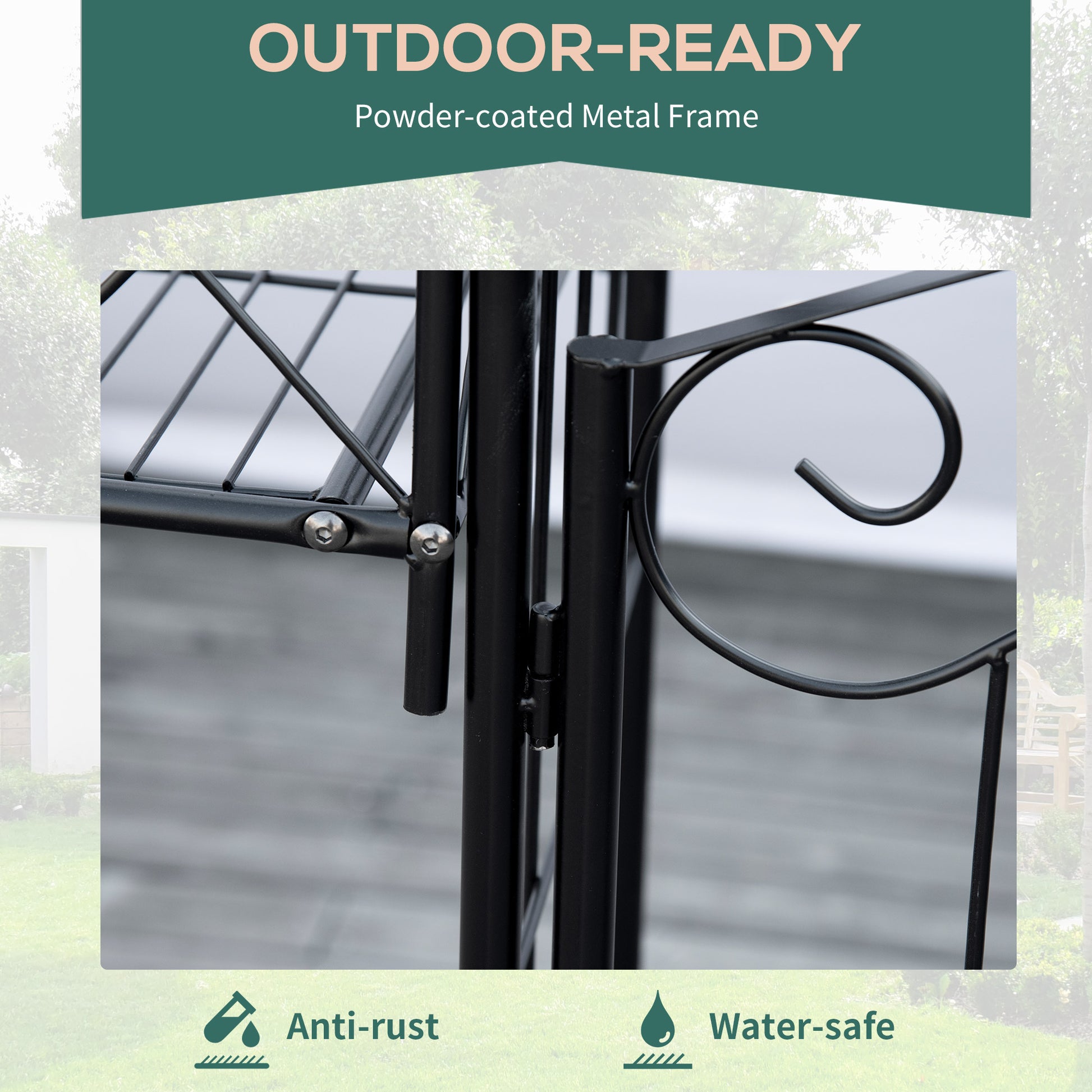 Black powdercoated metal frame with scrolled detail perfect for outdoor furniture