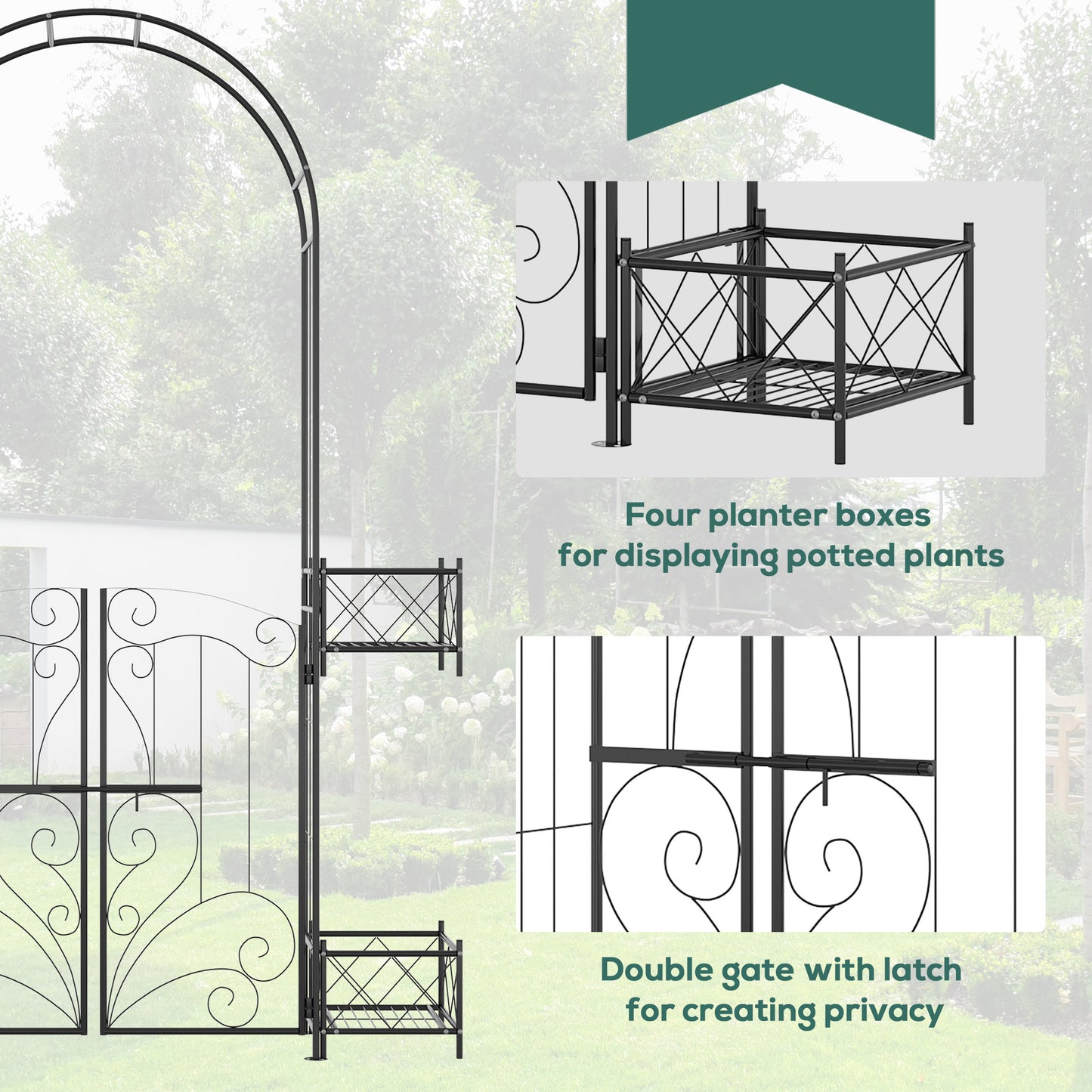 Black wrought iron garden arch with decorative scrollwork and planter shelves