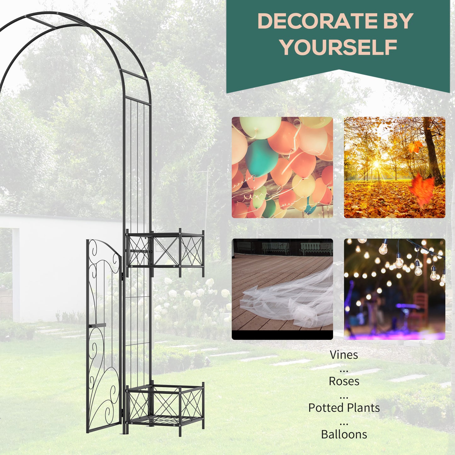 Black metal garden arch with shelves for plants