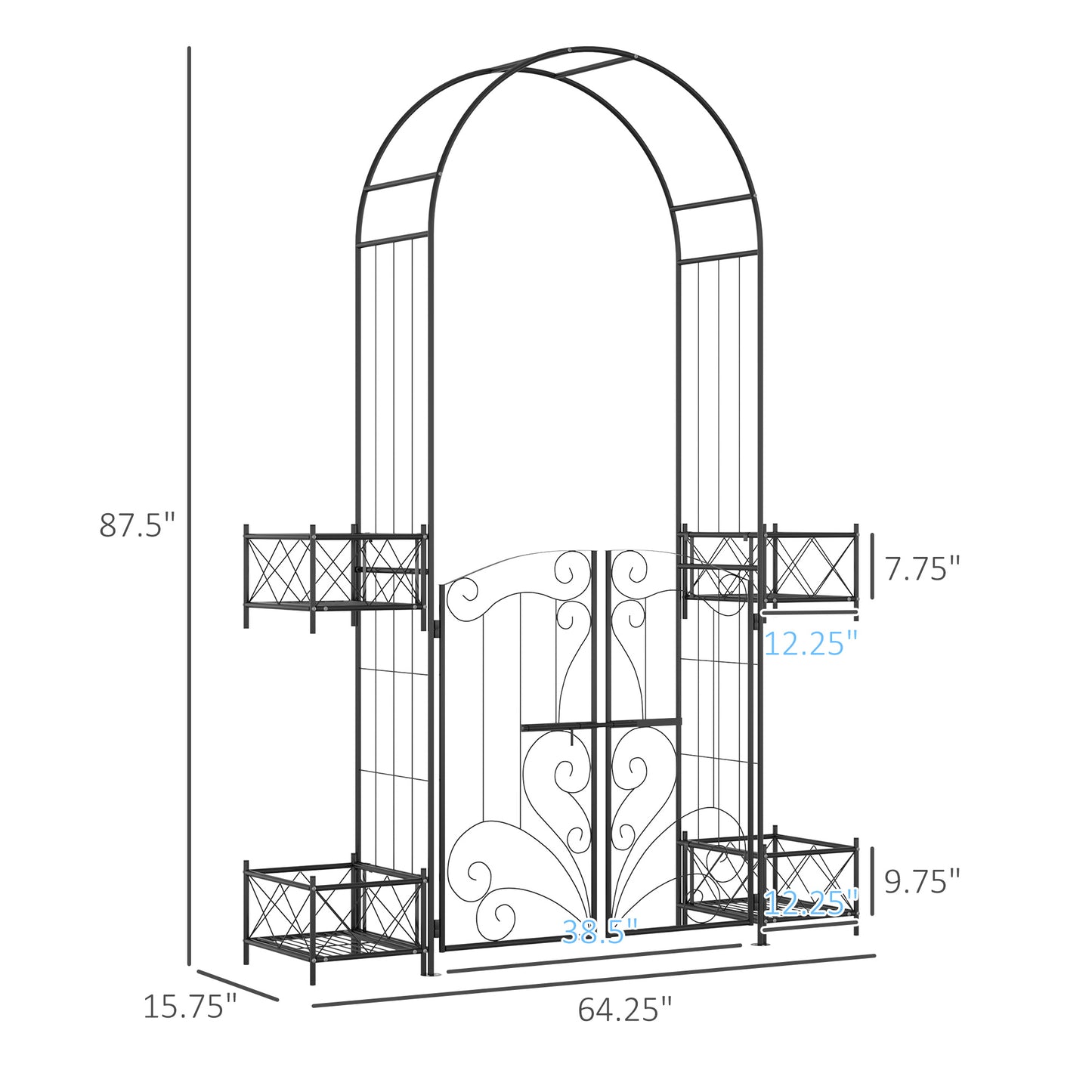 Black metal garden arch with integrated gates and planters  inches tall