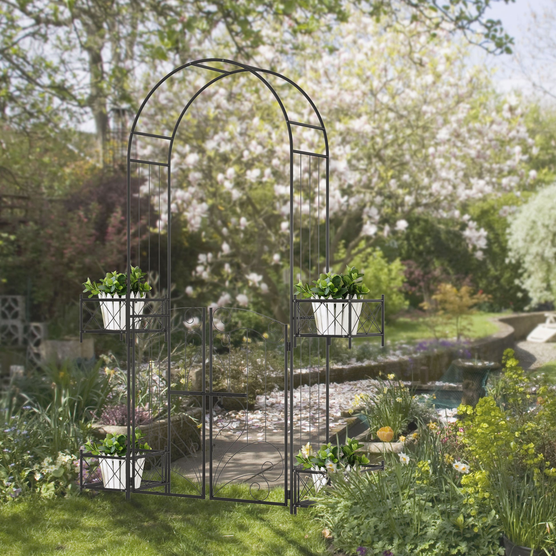Black wrought iron garden arch with integrated planters perfect for climbing roses
