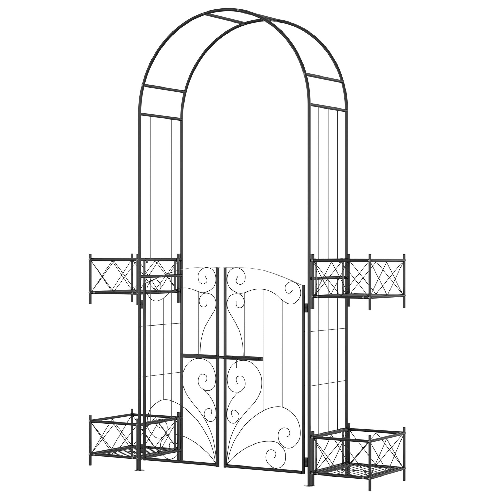 Black wrought iron garden arch with double doors and planters