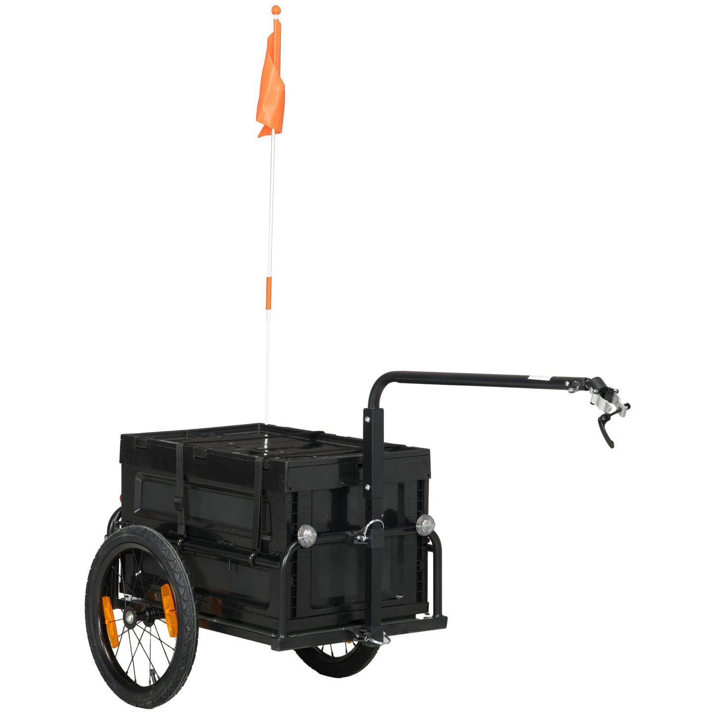 Black cargo bike trailer with black foldable crate and orange safety flag for hauling gear