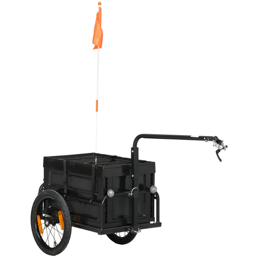 Black cargo bike trailer with black foldable crate and orange safety flag for hauling gear