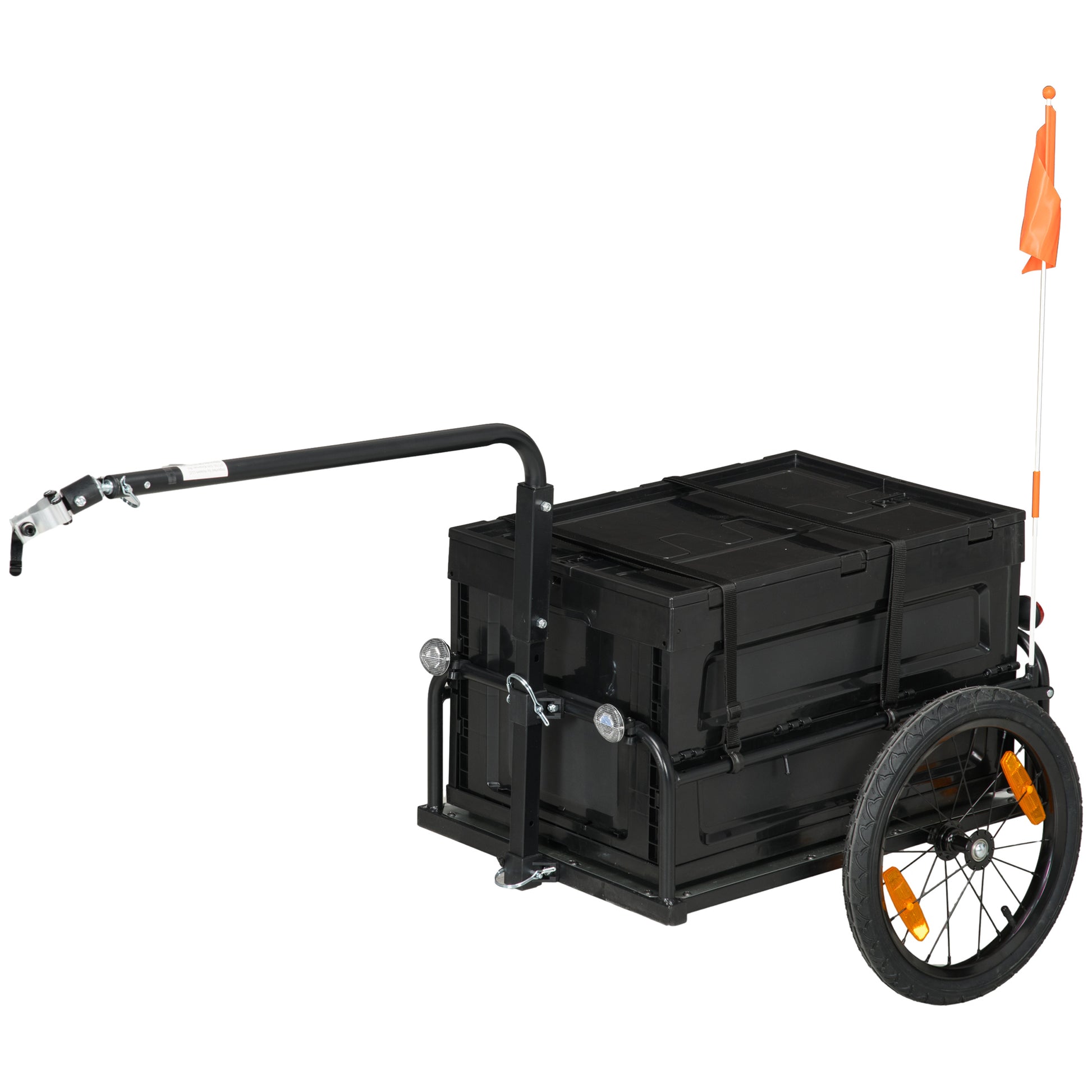 Black cargo bicycle trailer with reflective wheels and orange safety flag for easy hauling