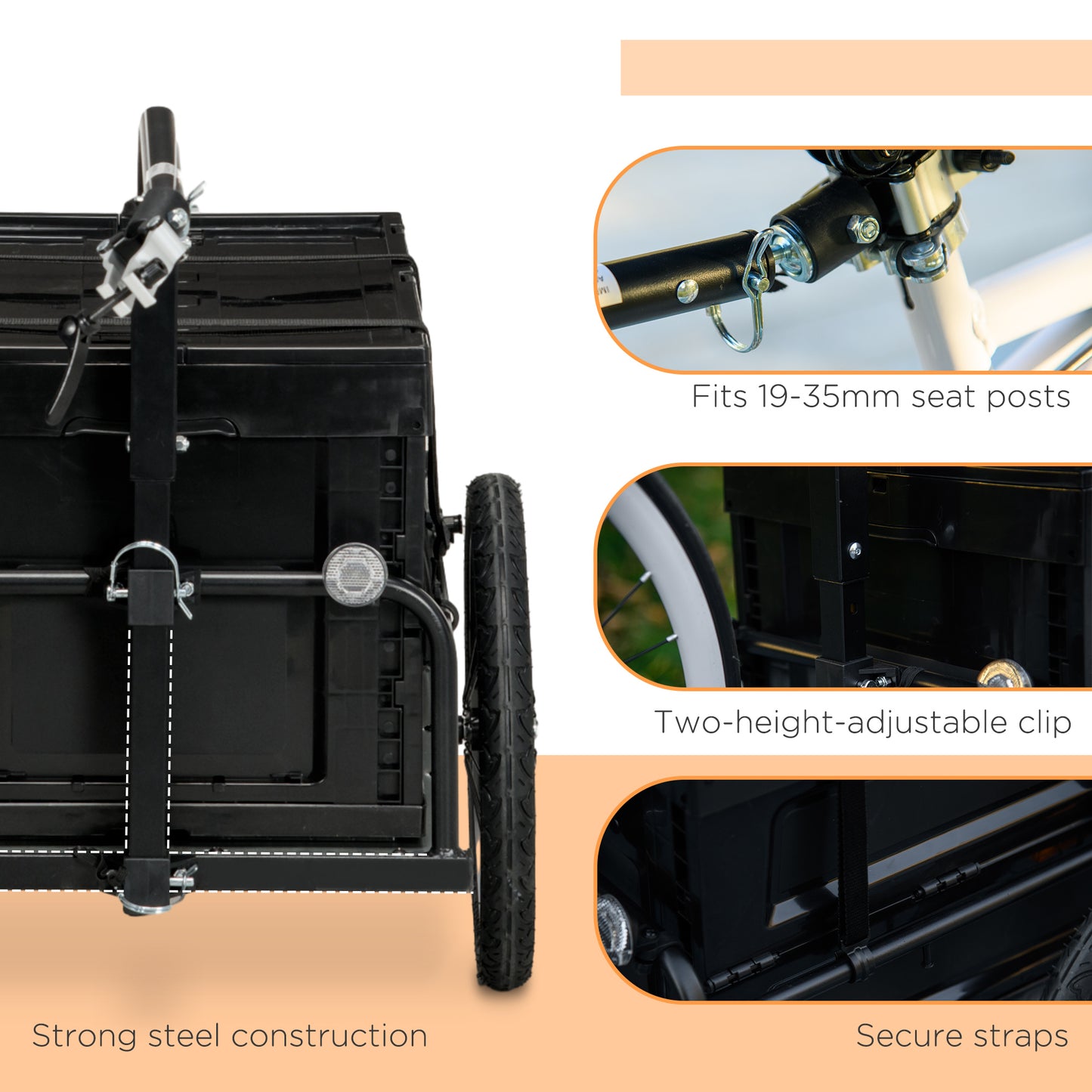 Black bicycle cargo trailer with adjustable hitch for seat posts