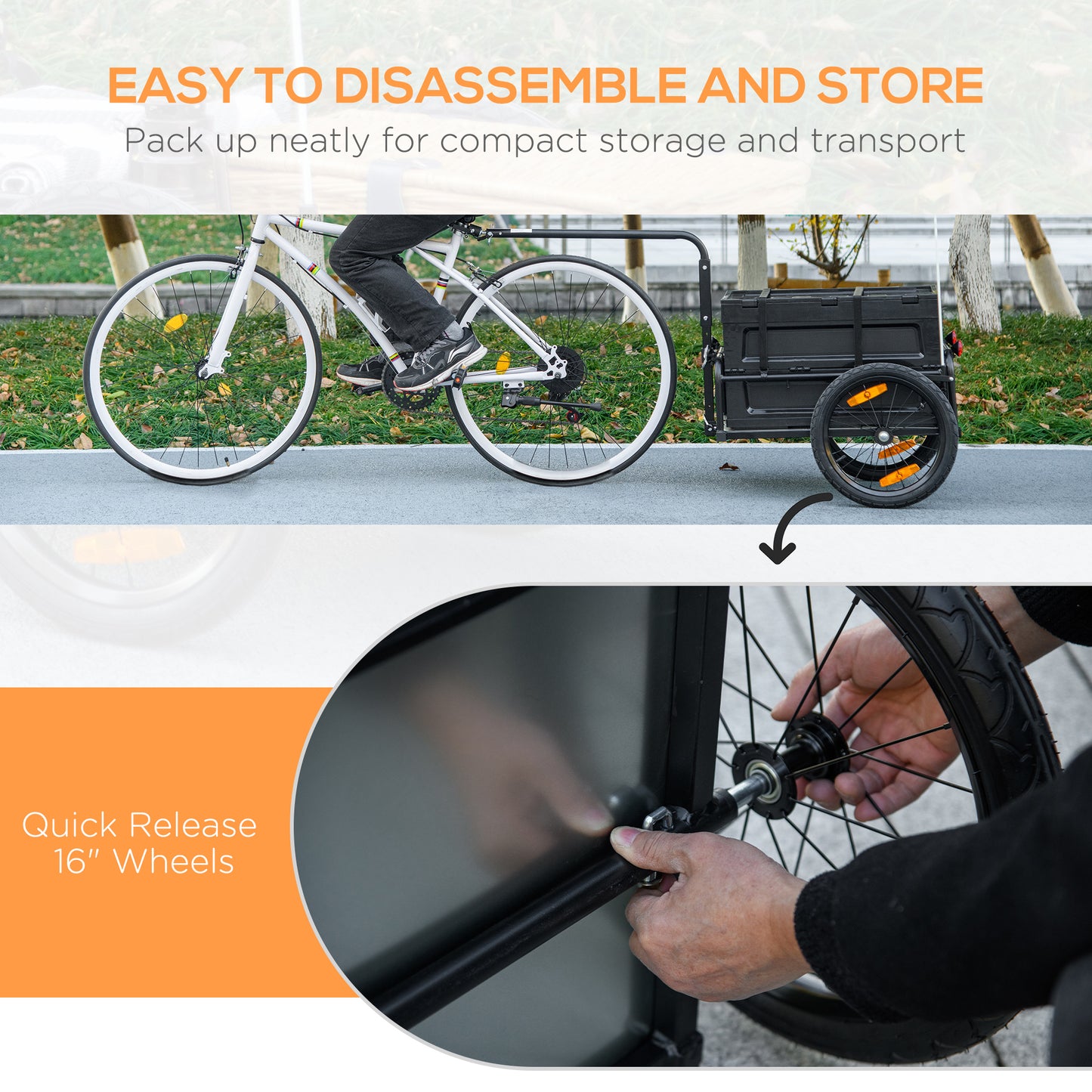 White bicycle with a black cargo trailer attached showcasing ease of transport