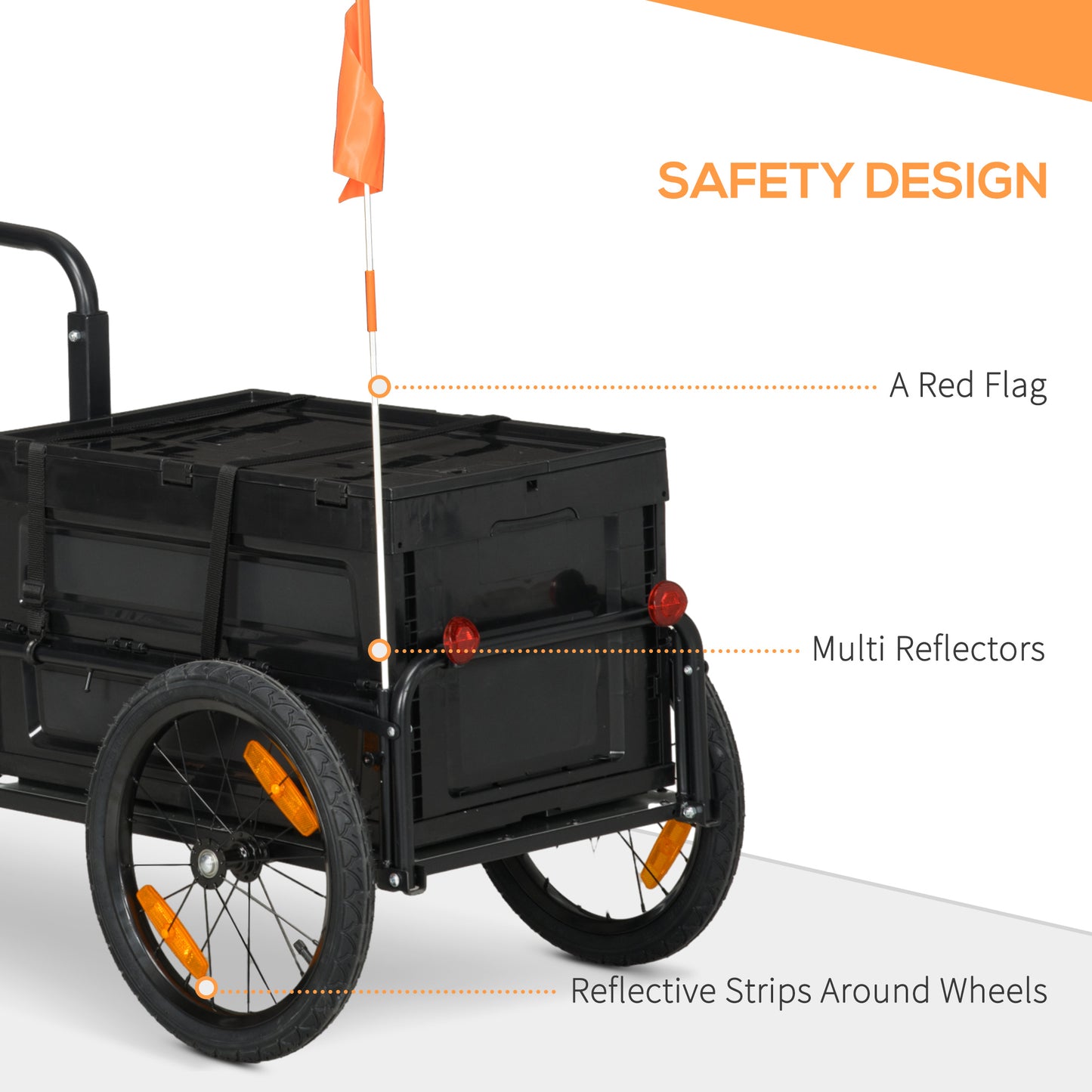 Black bicycle cargo trailer with an orange safety flag and reflective elements