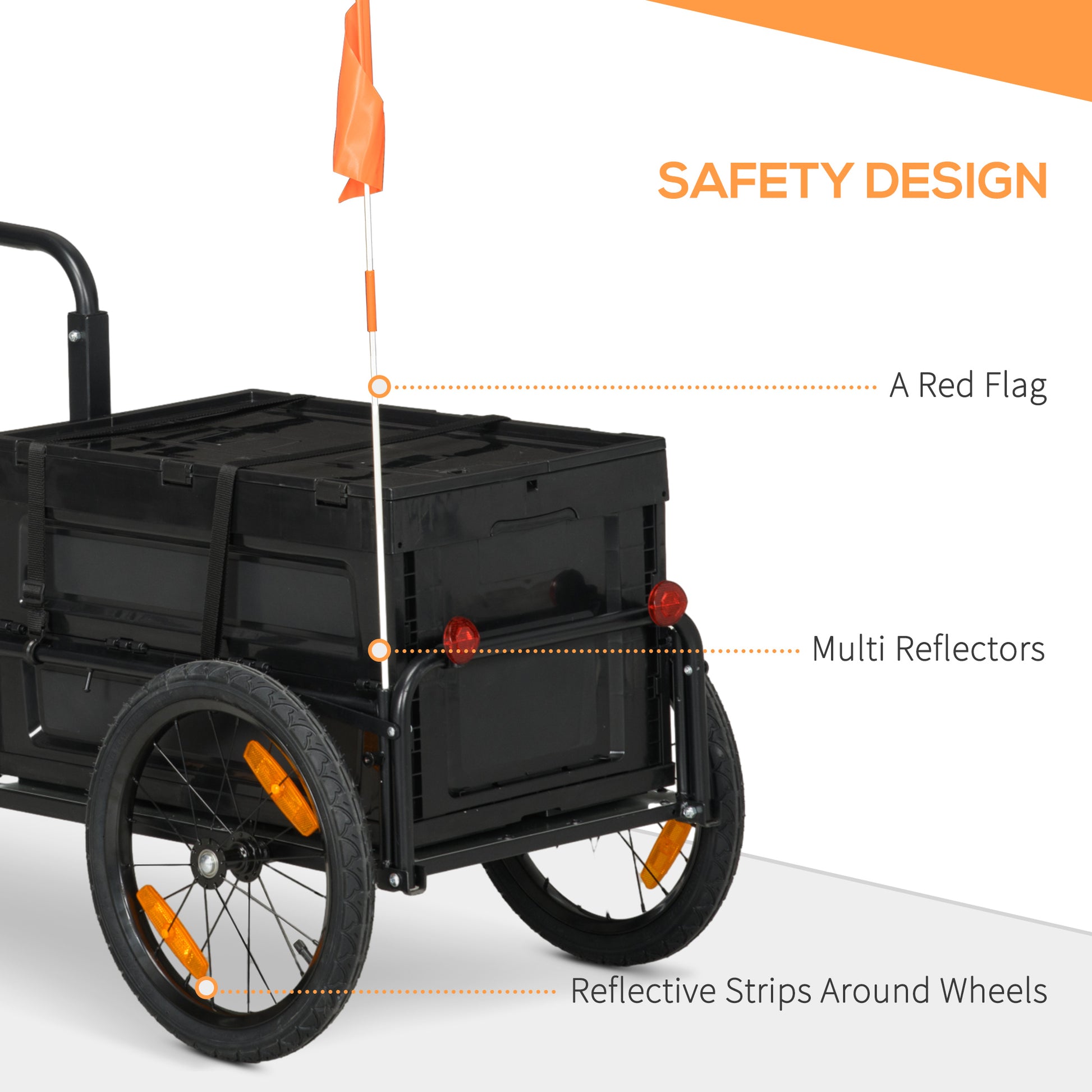 Black bicycle cargo trailer with an orange safety flag and reflective elements