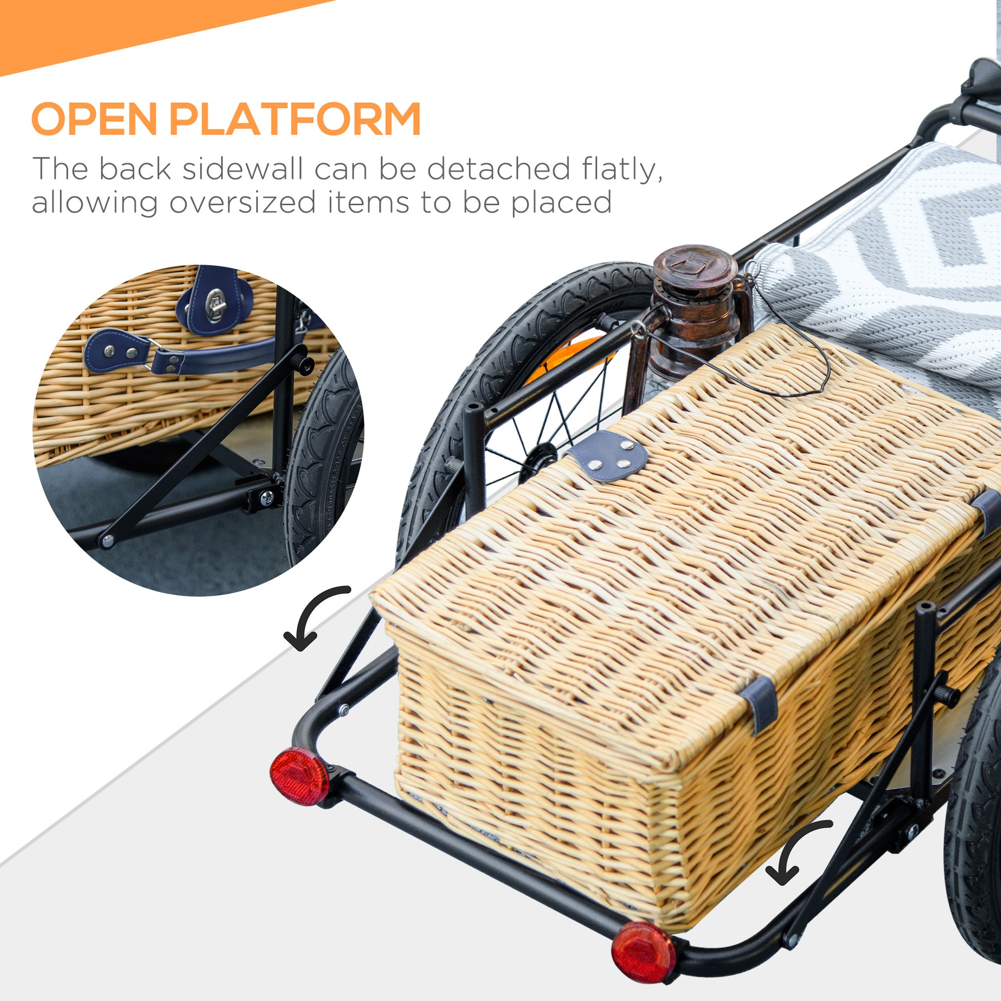 Wicker bicycle cargo trailer with open platform detached sidewall and red reflectors