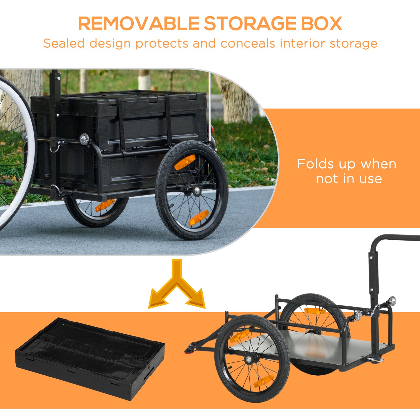 Black foldable bicycle trailer with a removable storage box for cargo