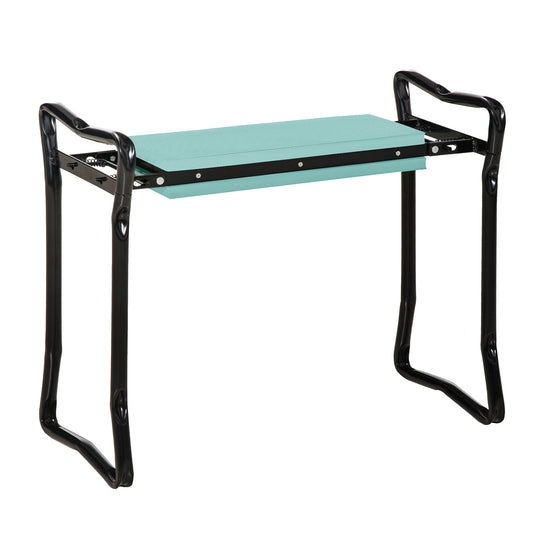 Teal garden kneeler seat with black metal frame and handles for comfortable gardening