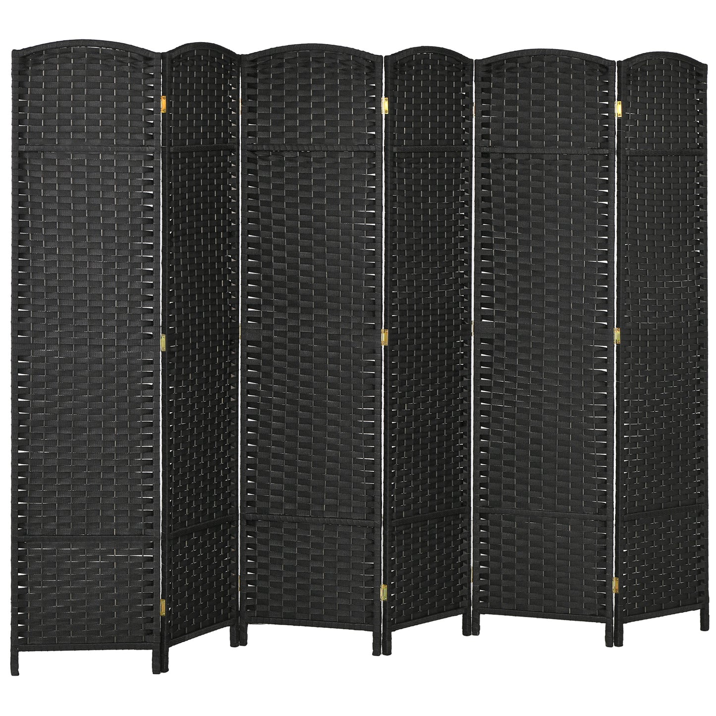 Sixpanel black woven room divider with curved top and brass hinges
