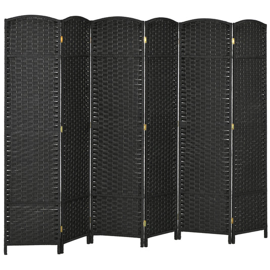 Sixpanel black woven room divider with curved top and brass hinges