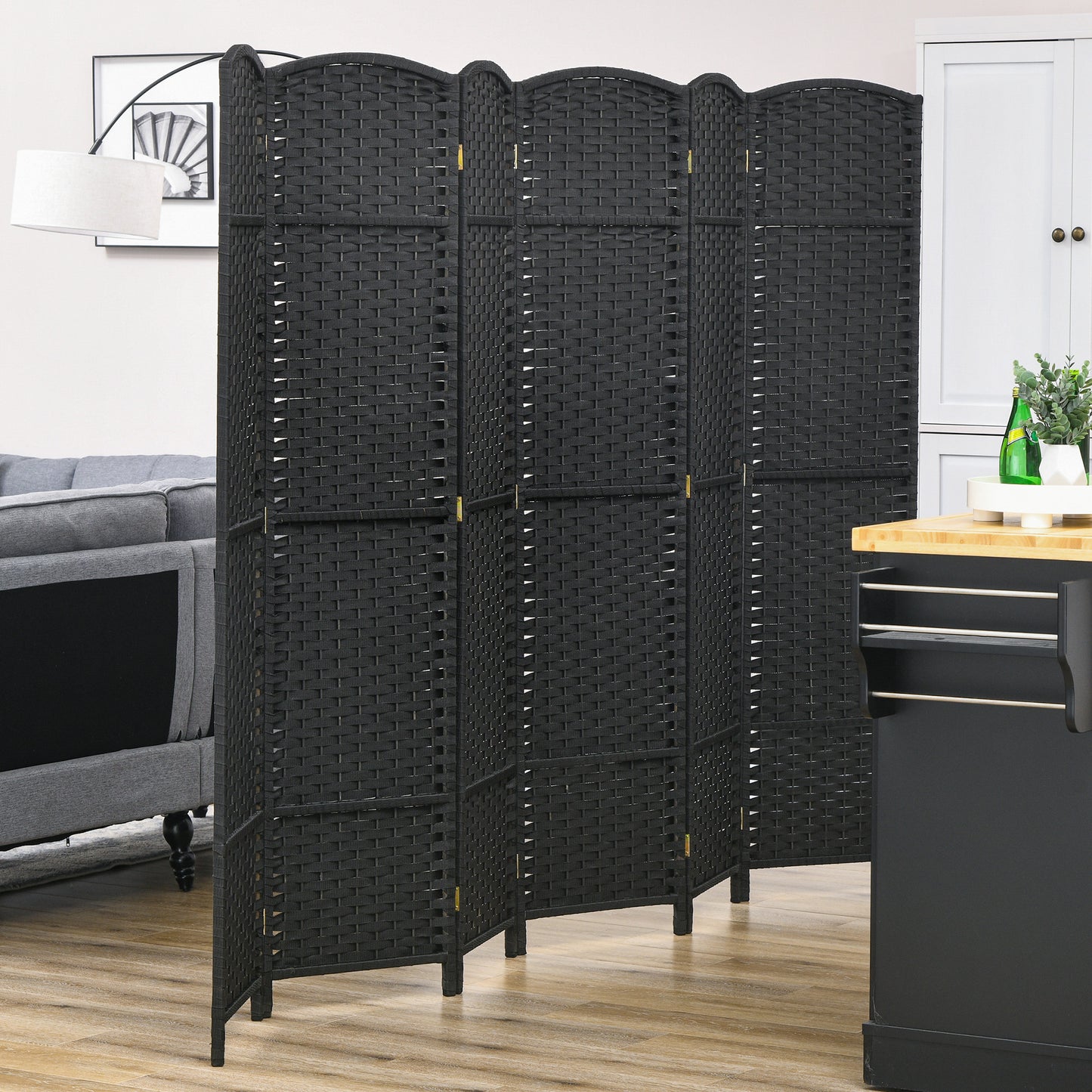Black woven room divider panel with arched top for privacy and style