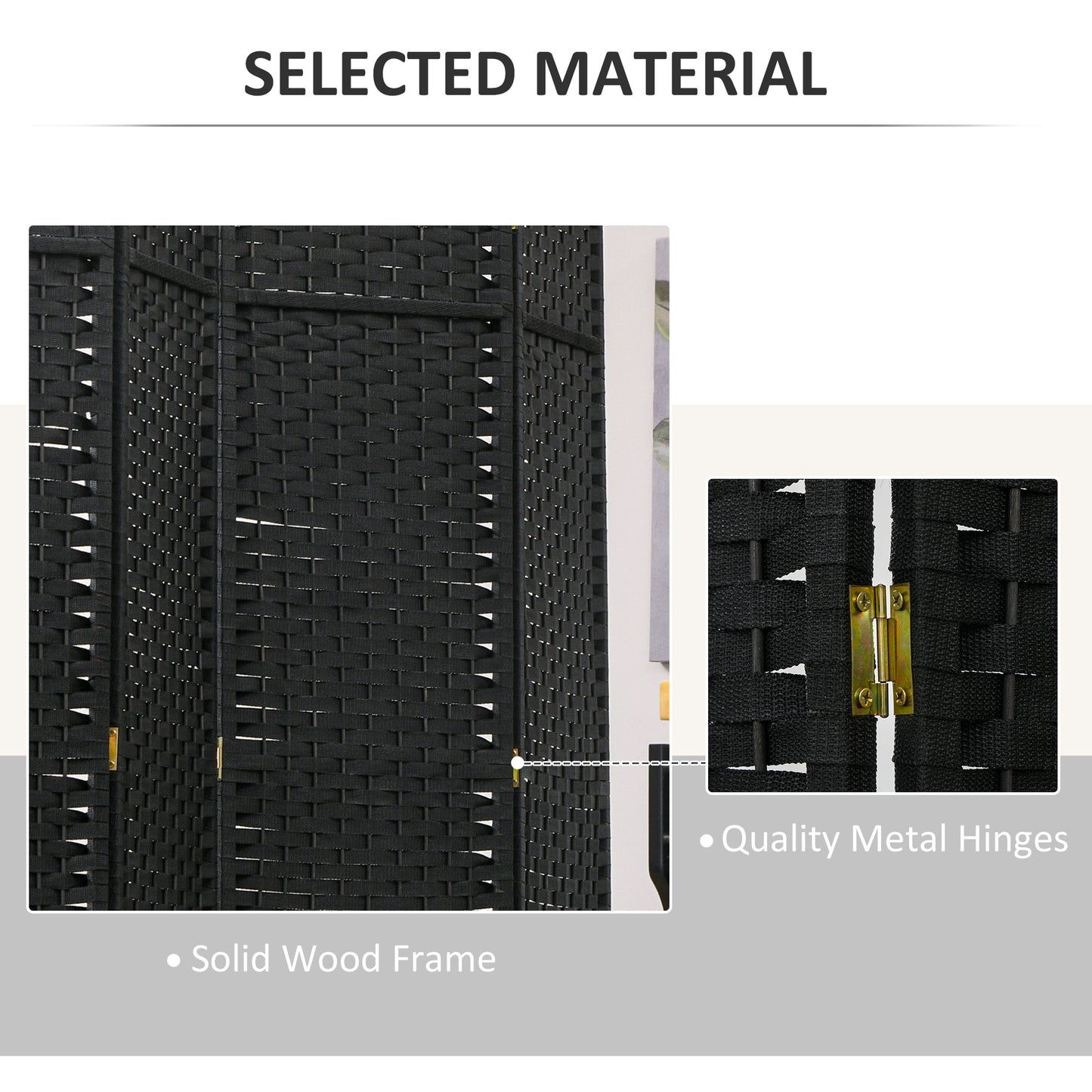 Black woven room divider with solid wood frame and metal hinges for privacy