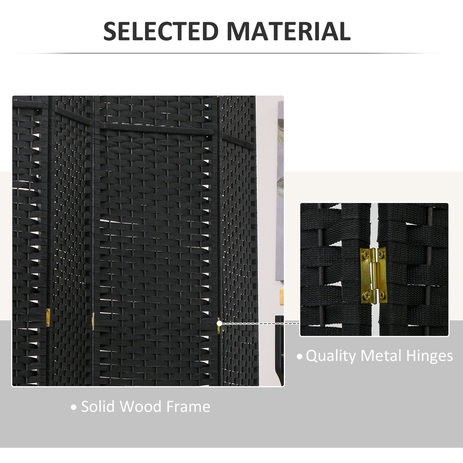 Black woven room divider with solid wood frame and metal hinges for privacy