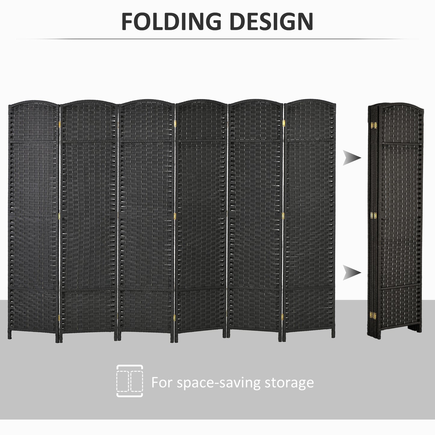 Black woven room divider with six hinged panels ideal for privacy