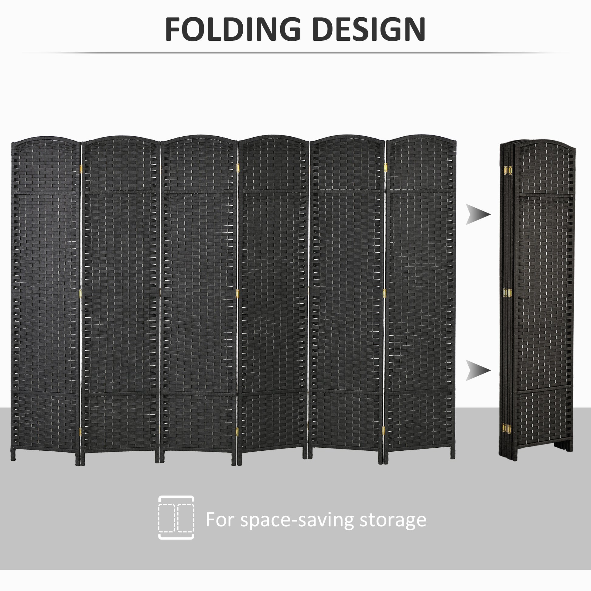 Black woven room divider with six hinged panels ideal for privacy