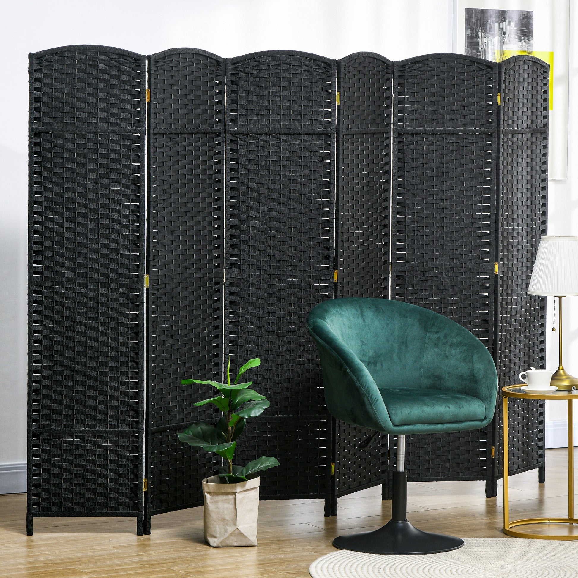 Black sixpanel woven room divider with arched top for privacy and decoration