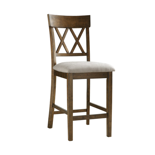 Wooden bar stool with a grey fabric seat and a crisscross backrest