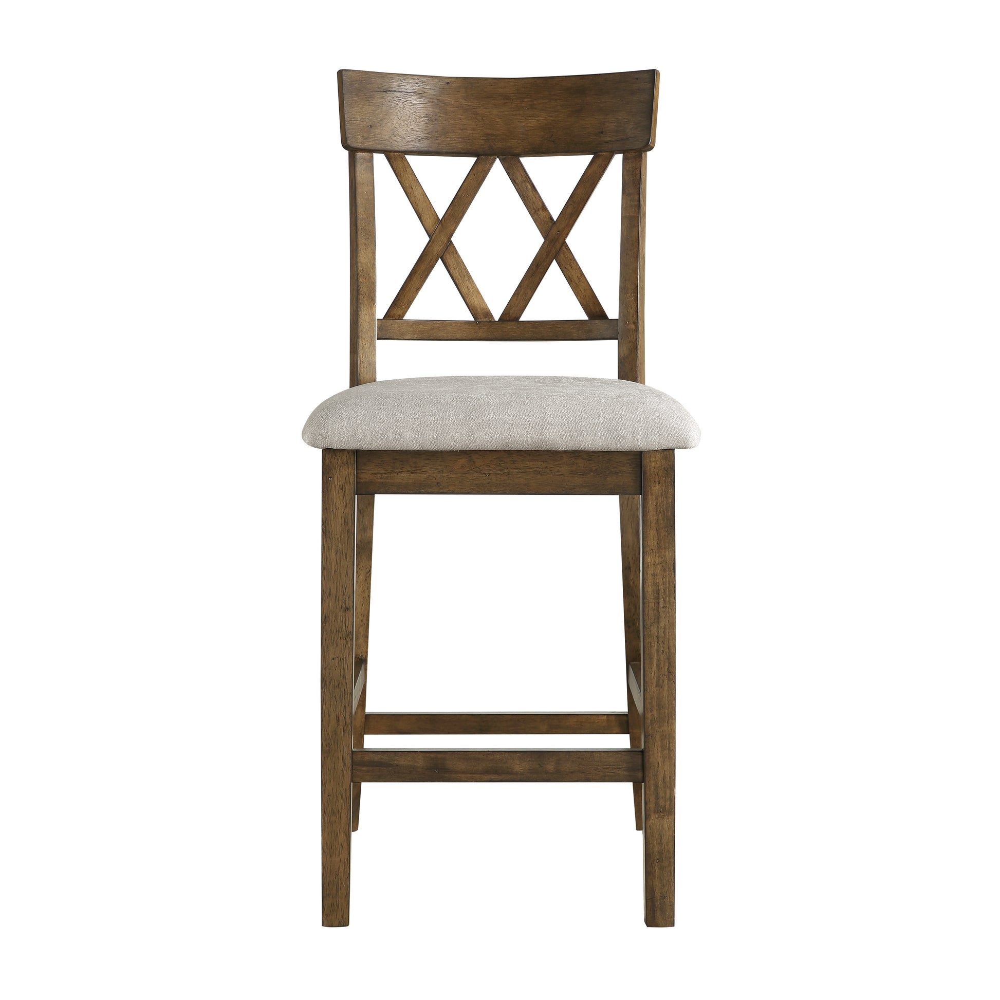 Rustic wooden bar stool with Xback design and light grey upholstered seat