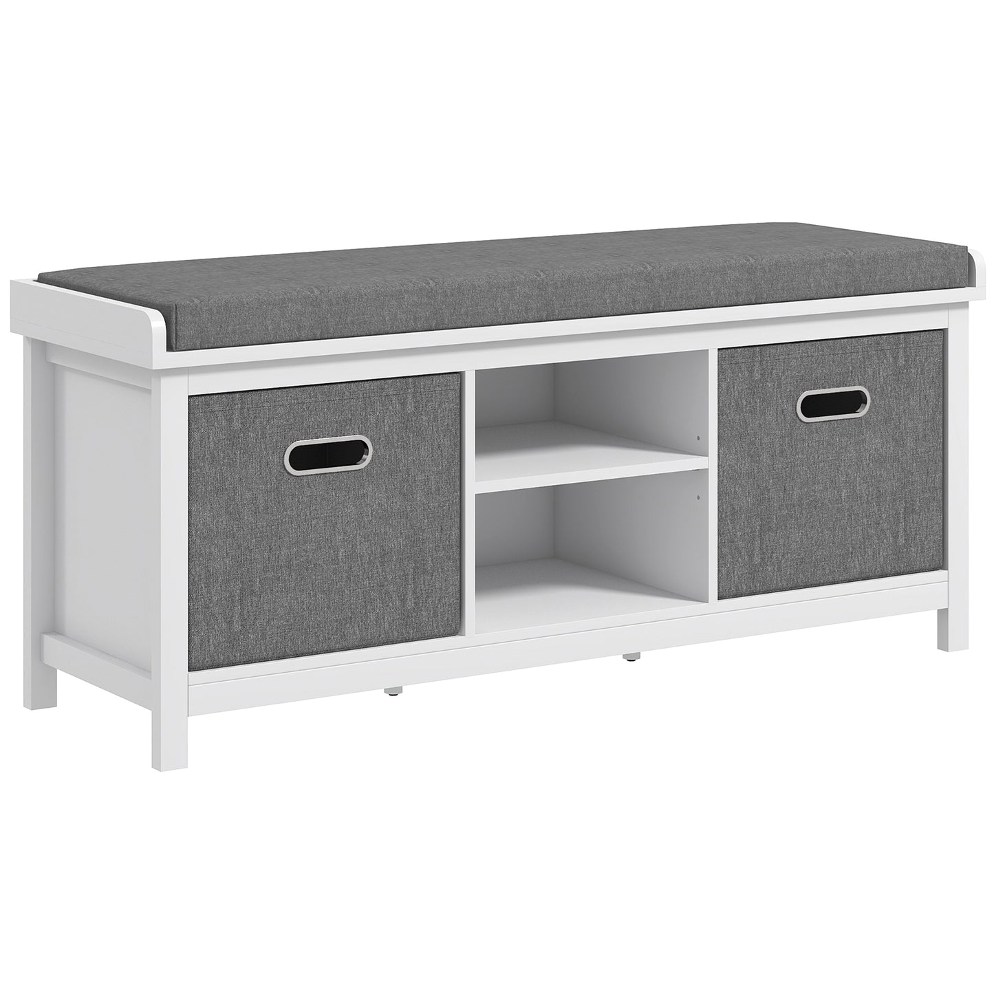 White bench with grey upholstered cushion and two grey fabric storage cubes