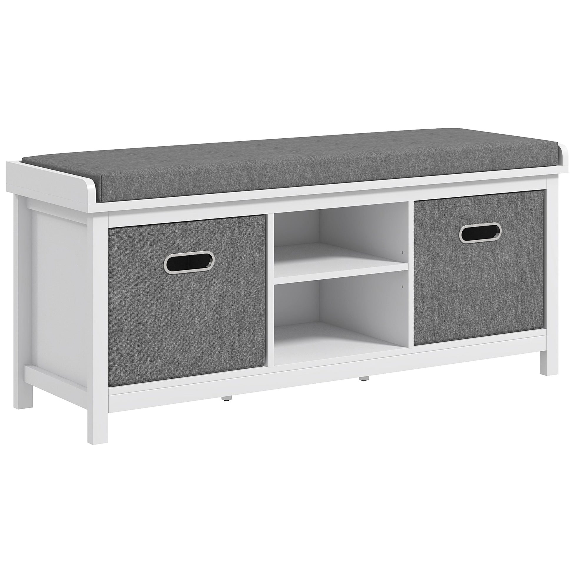 White bench with grey upholstered cushion and two grey fabric storage cubes