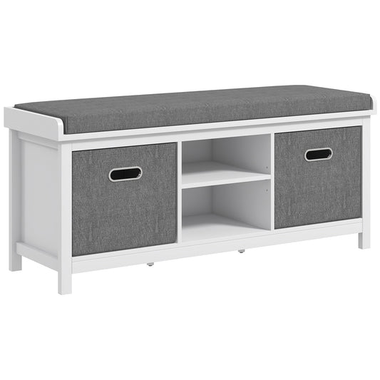 White bench with grey upholstered cushion and two grey fabric storage cubes