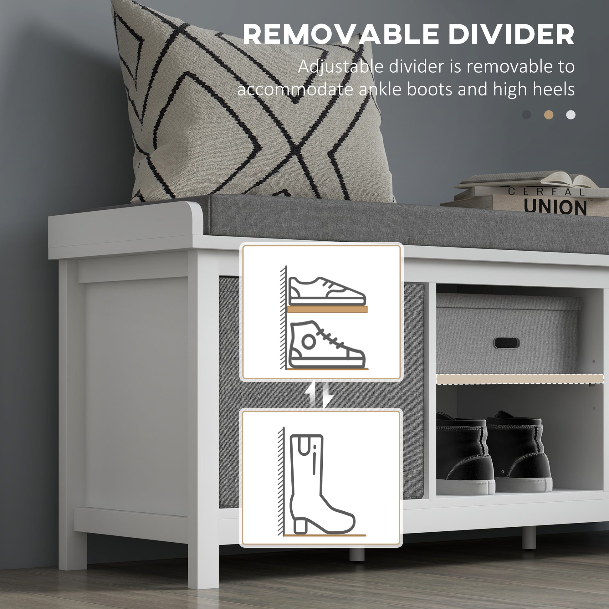 White entryway bench with removable divider for shoe storage