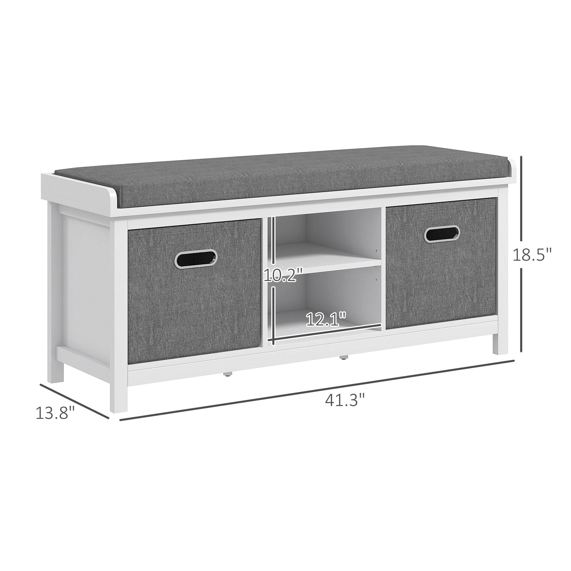 White entryway bench with grey upholstered seat and two storage cubes