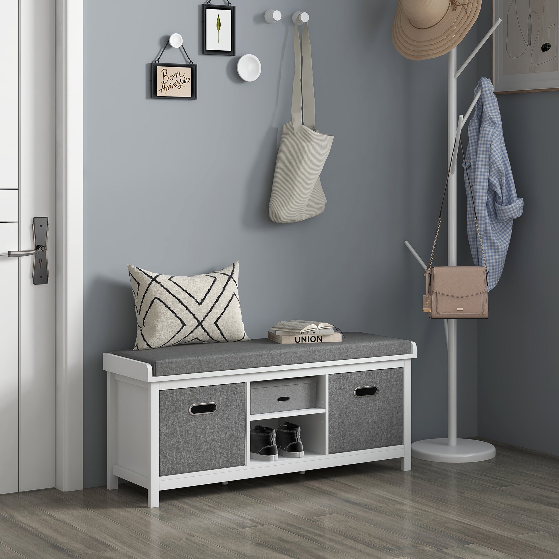 Entryway storage bench with grey cushion and storage cubes