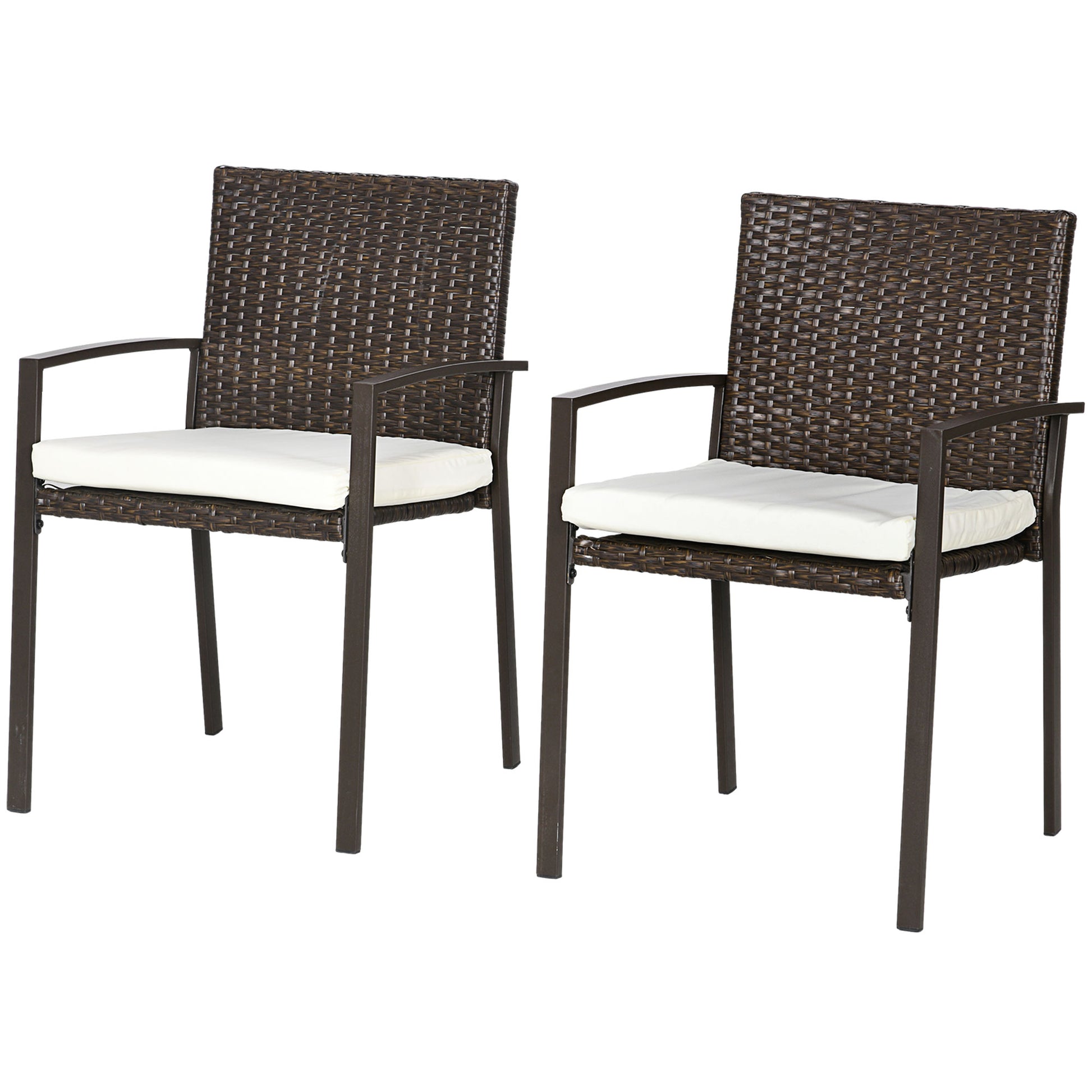 Two dark brown wicker patio chairs with white cushions metal frame