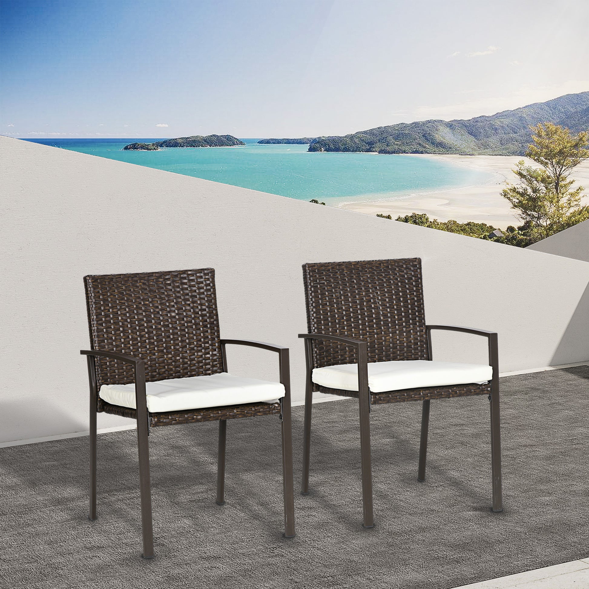 Brown wicker patio chairs with white cushions metal frame perfect for outdoor seating