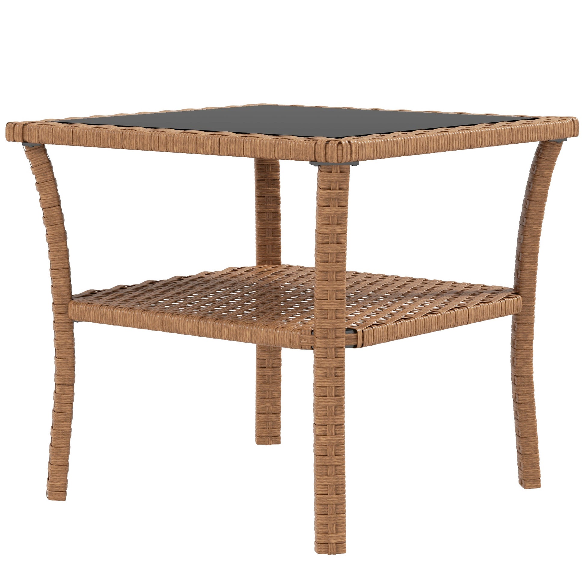 Brown wicker side table with glass top and lower shelf for outdoor use