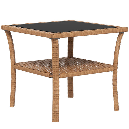 Wicker end table with glass top and lower shelf perfect for patio seating
