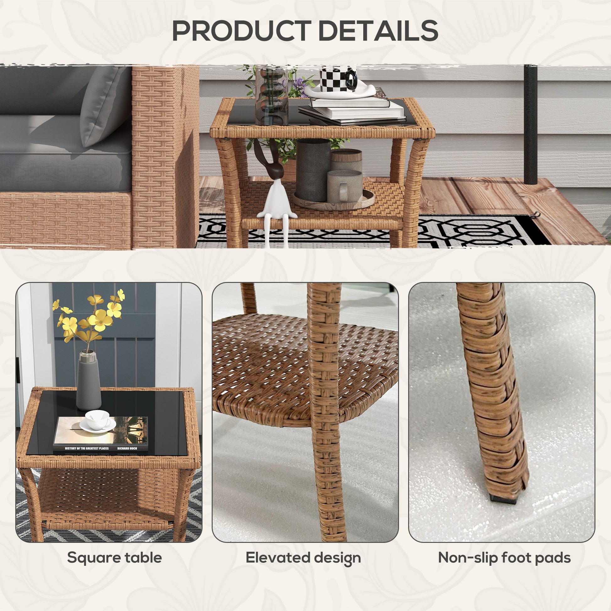 Wicker square side table with a black glass top perfect for outdoor patios