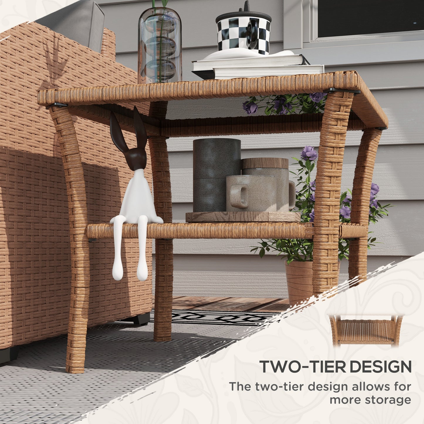 Brown rattan twotier side table with decorative bunny accent and mugs perfect for patio use