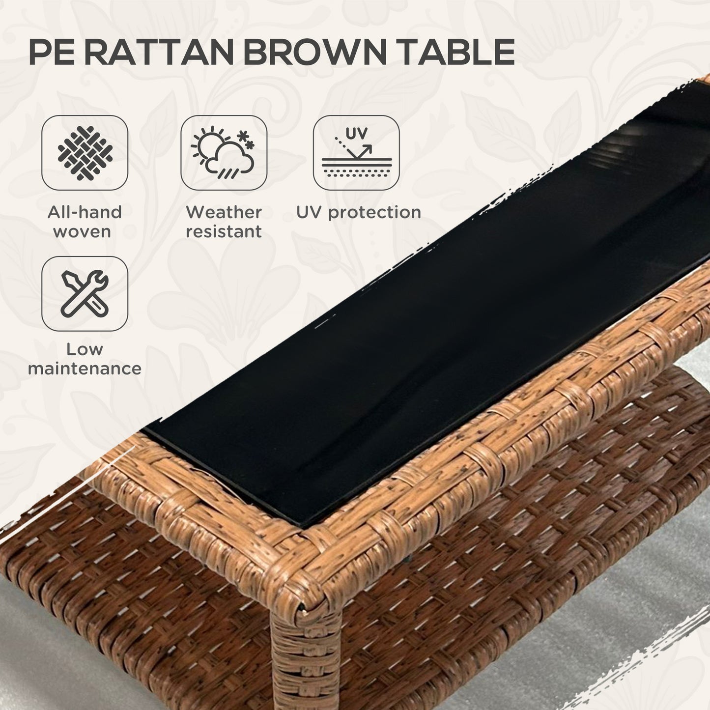 Brown PE rattan coffee table with a black tempered glass top