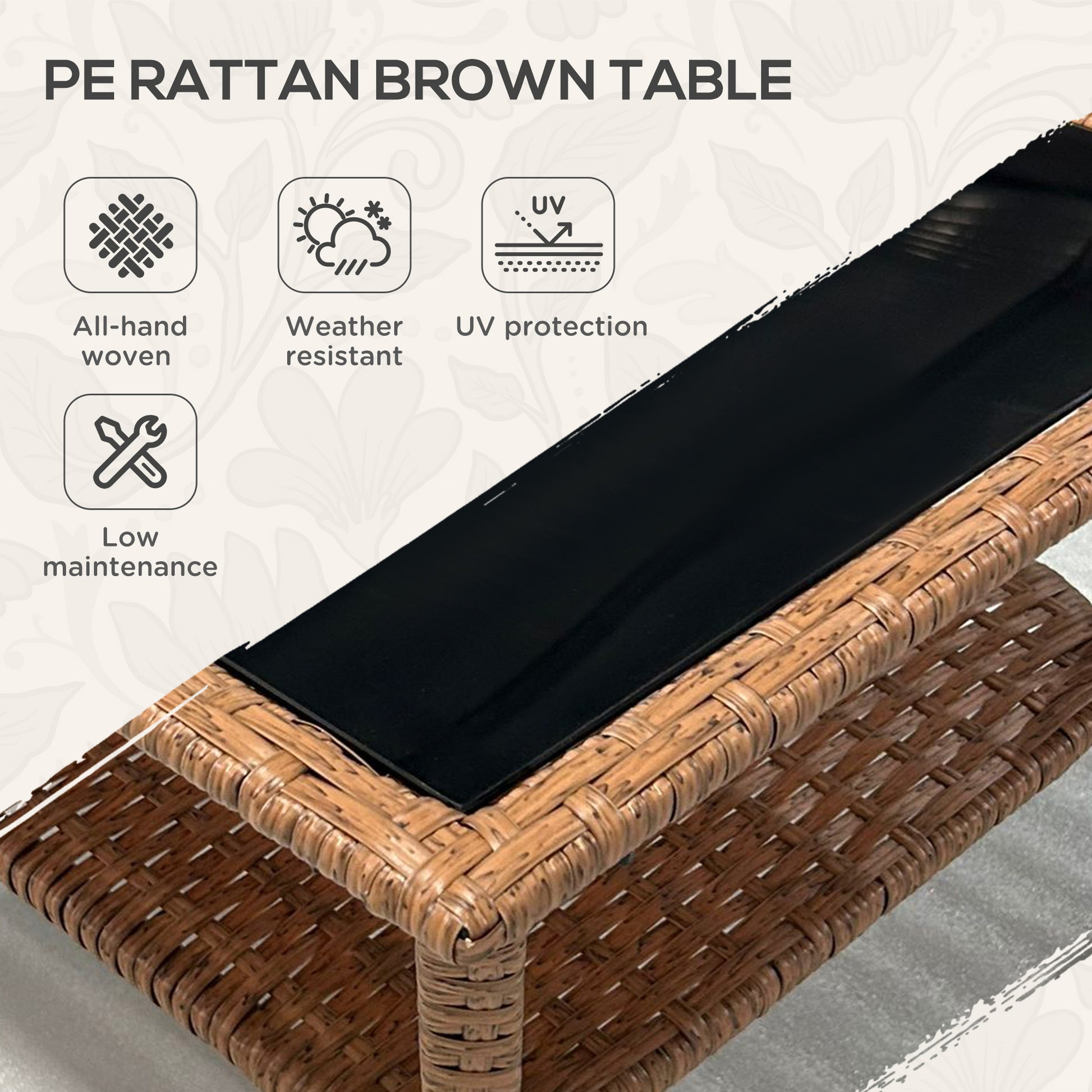Brown PE rattan coffee table with a black tempered glass top