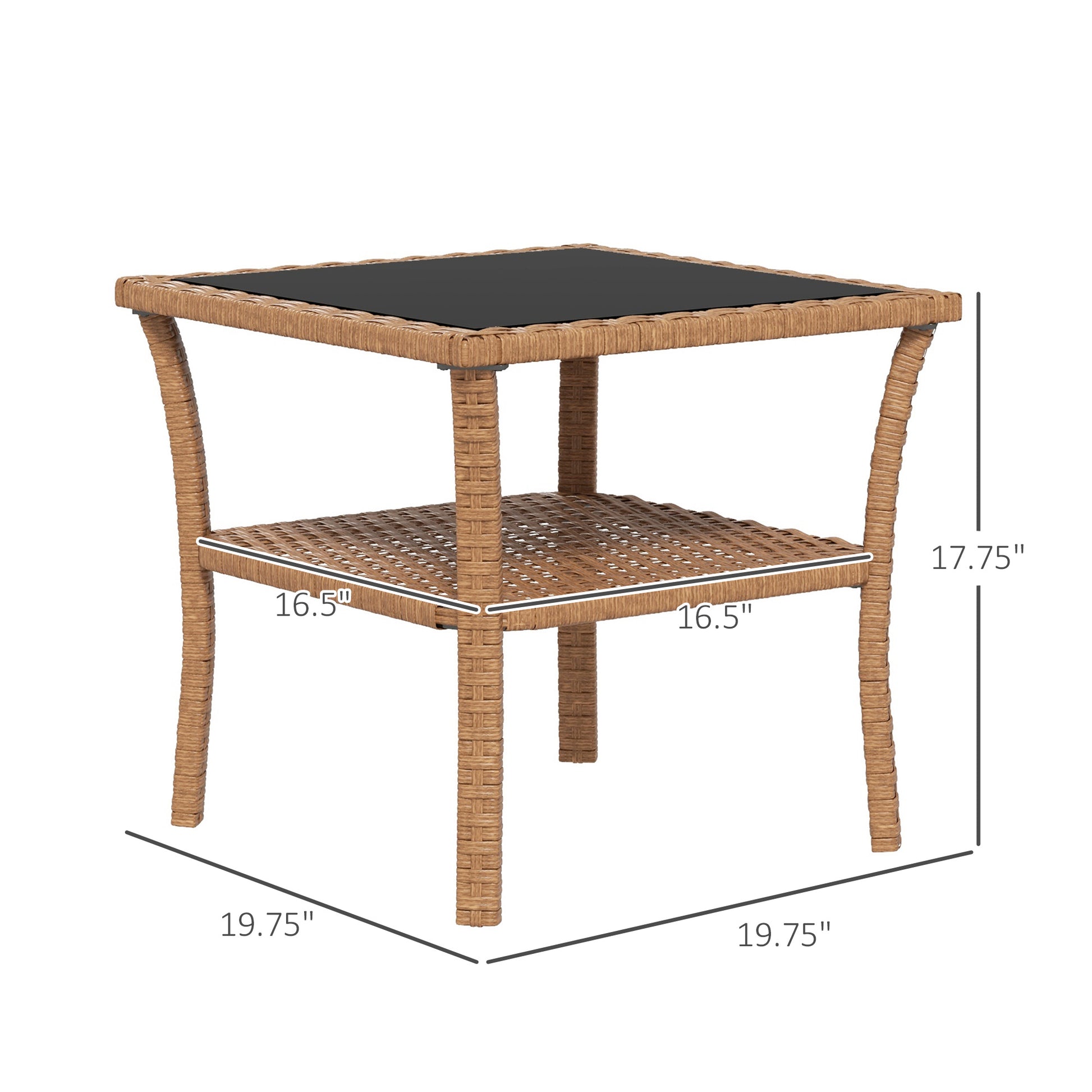 Brown rattan square end table with glass top and lower shelf for storage