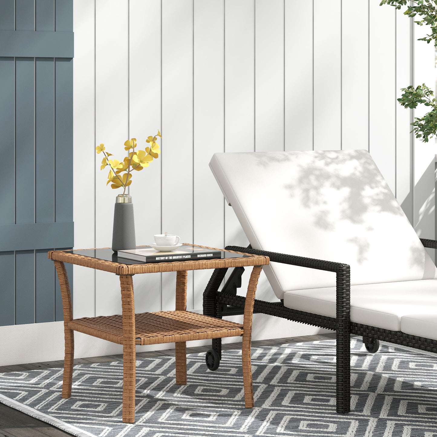 Wicker patio side table with glass top ideal for outdoor relaxation