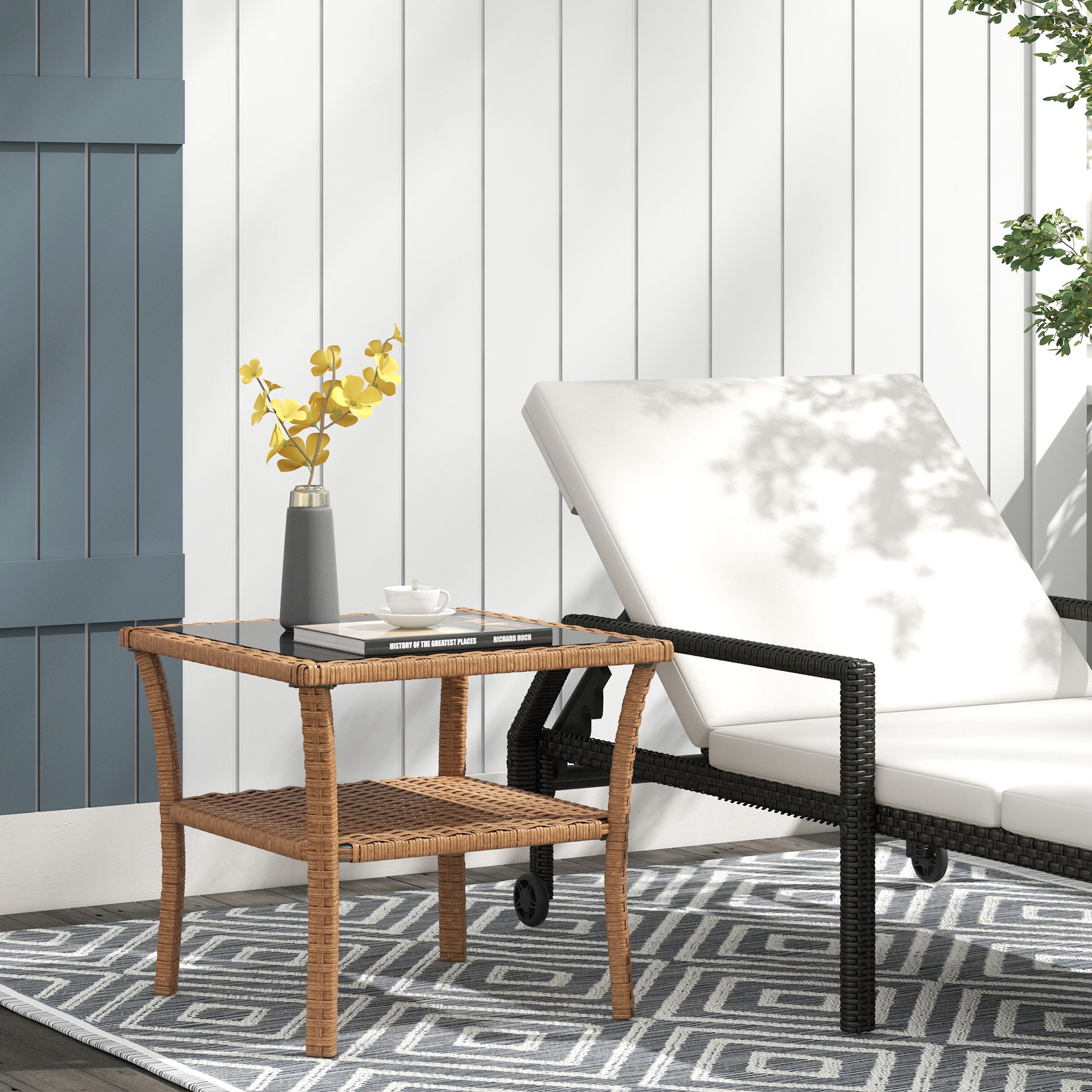 Wicker patio side table with glass top ideal for outdoor relaxation