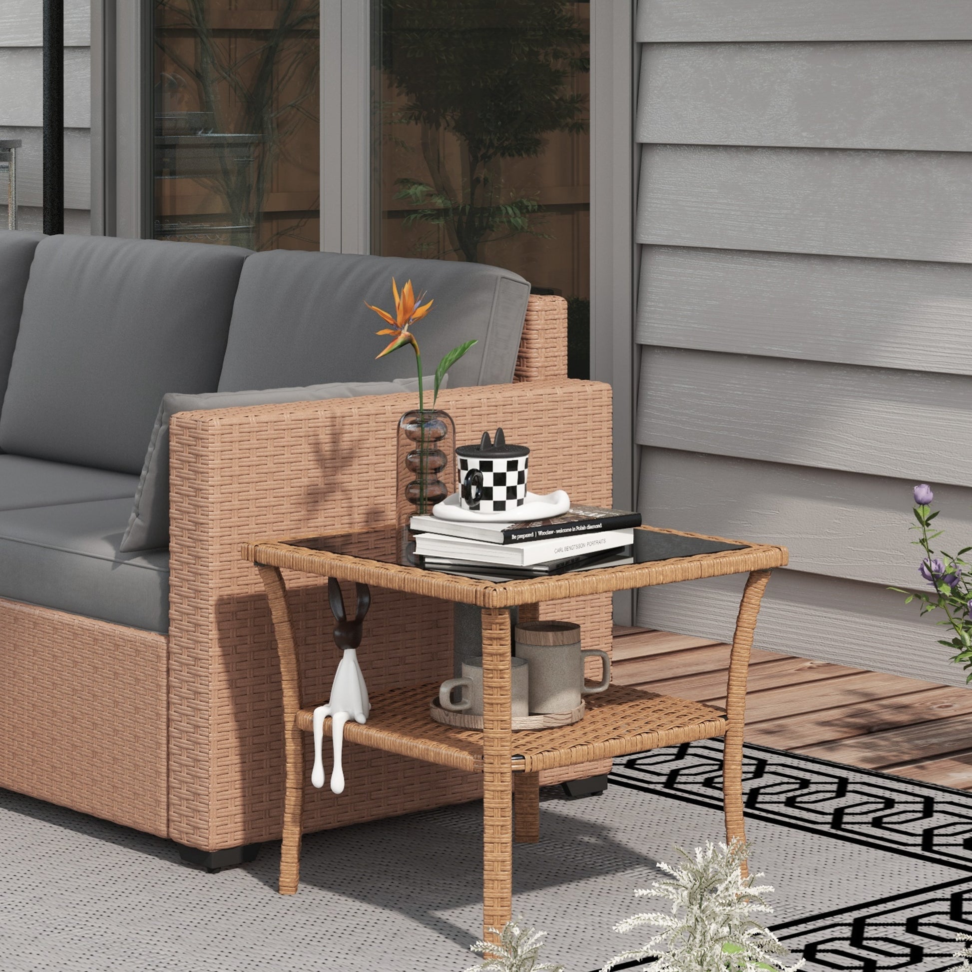 Wicker patio side table with two tiers and glass top perfect for outdoor seating