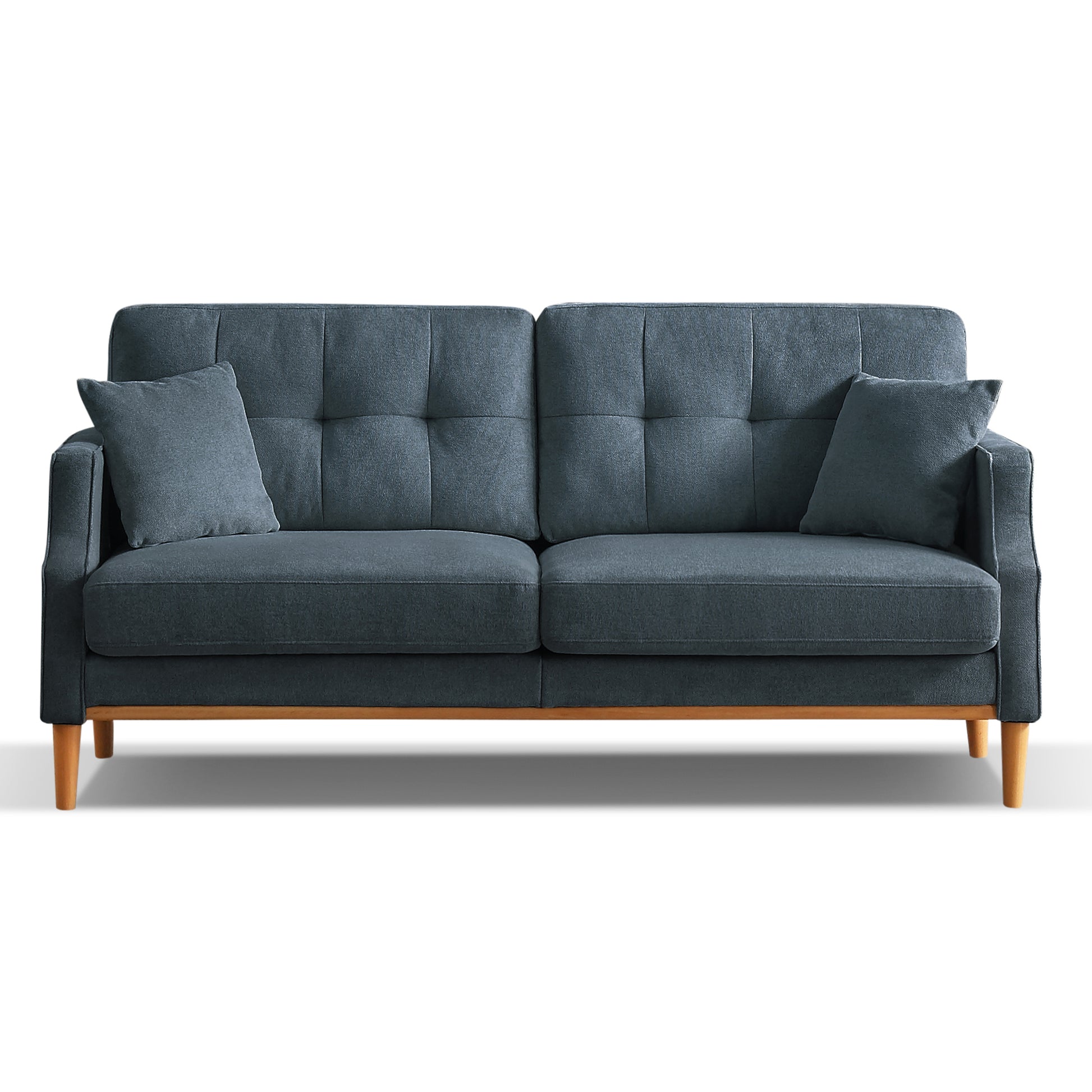 Deep charcoal grey fabric sofa with tufted cushions and wooden legs