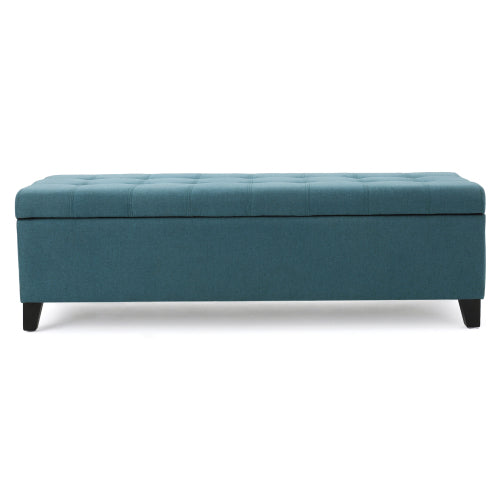 Teal storage ottoman with tufted top and dark tapered legs
