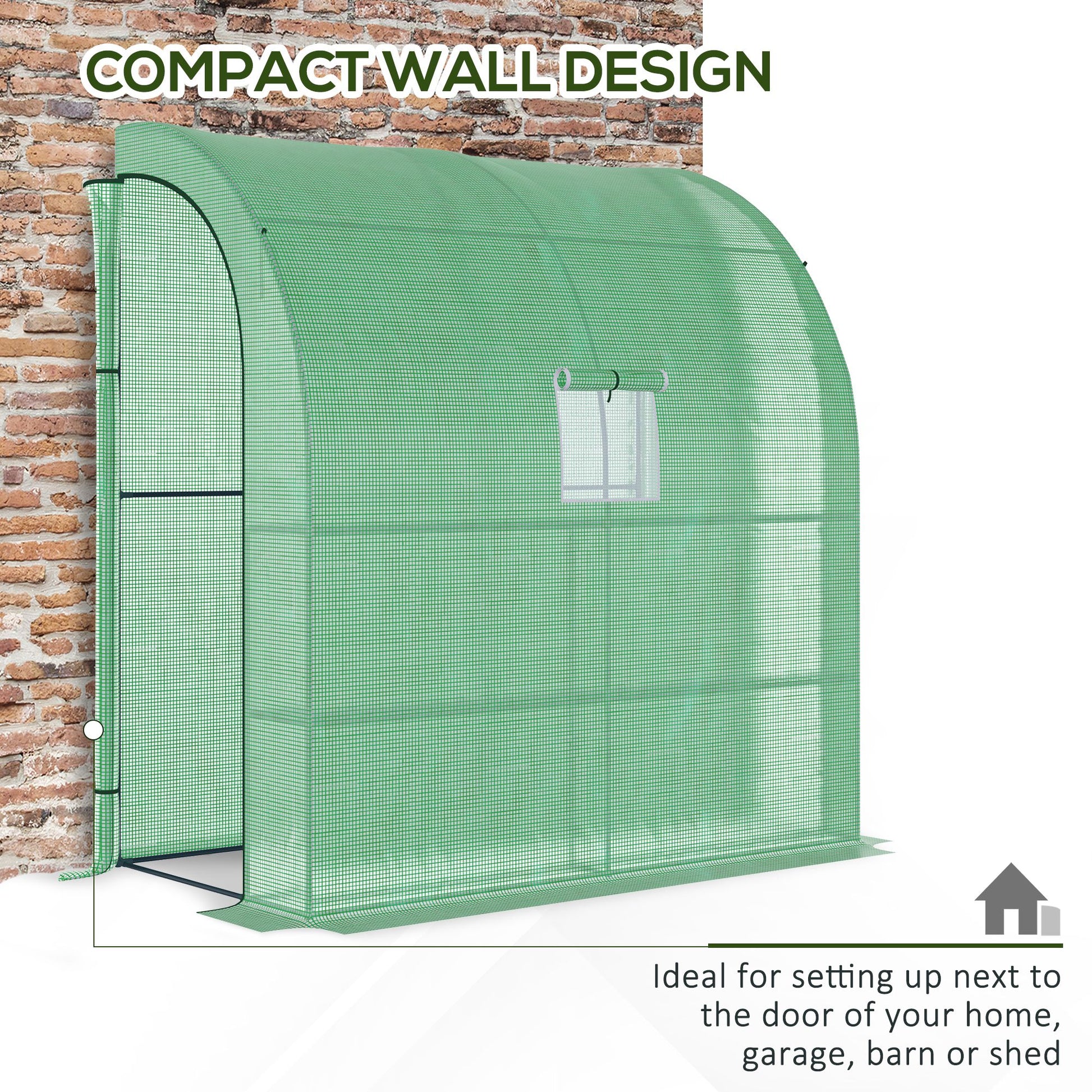 Green mesh garden greenhouse with rollup door and window perfect for compact wall design